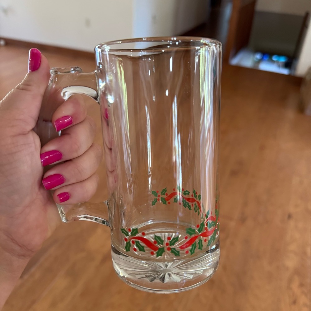 Vintage Arby’s Libbey Holly Berry Christmas Clear Glass Mug Handle Gold Rim 5.5"
